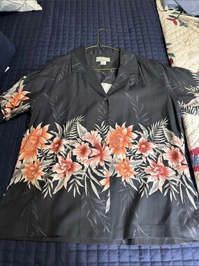 Tommy Bahama Black Silk Shirt with Coral and Green Logo